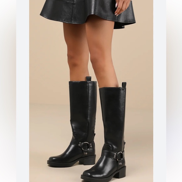 Lulus Shoes - NWT Black Moto Leather Knee-High Boots